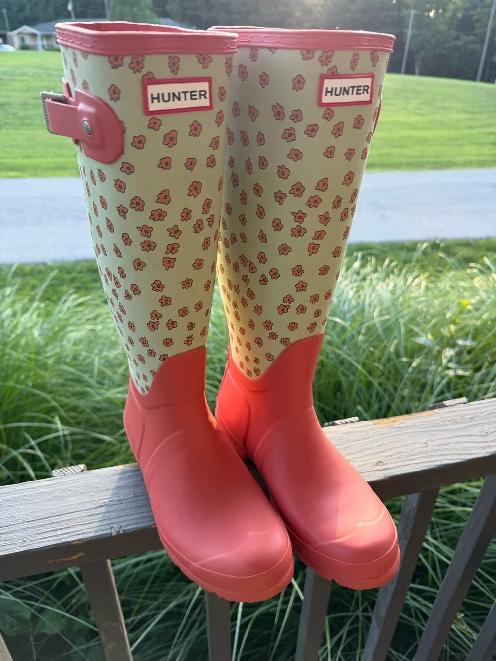 Brand New Hunter Coral & Mint Floral Tall Rain Boots